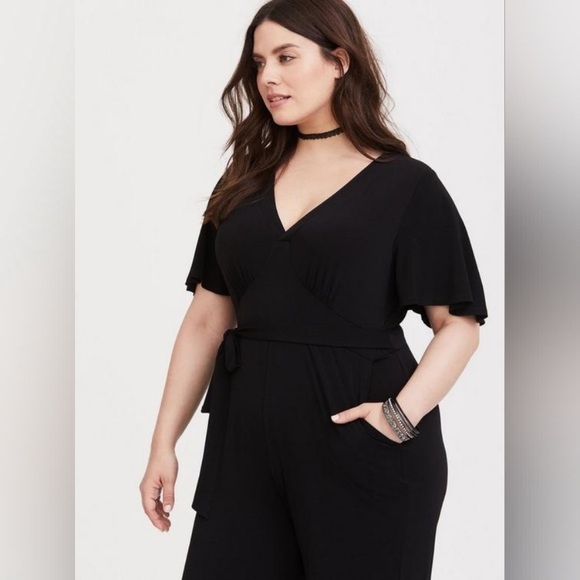 TORRID Jumpsuit Womens Sz XL Black Wide Leg Flutter Sleeve Knit Stretch V-Neck - Picture 12 of 12